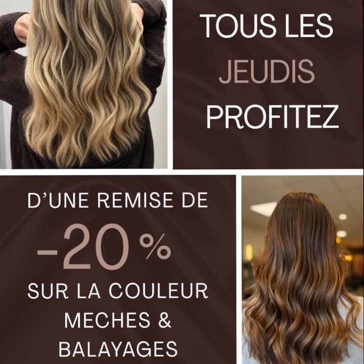 TOUS LES JEUDIS PROFITEZ D’UNE REMISE DE -20% SUR LES SERVICES COULEURS, MECHES: ET BALAYAGE.DANS VOTRE SALON DE COIFFURE MIXTE L’ATELIER INTERMÈDE DU LION D’ANGERS.